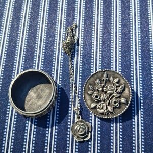 Source Unknown Silver Floral Pill Box and Rose Pendant Necklace